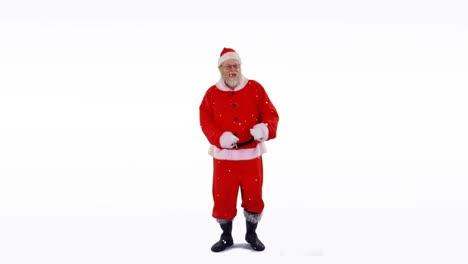 Animation-of-snow-falling-and-dancing-santa-claus-over-white-background