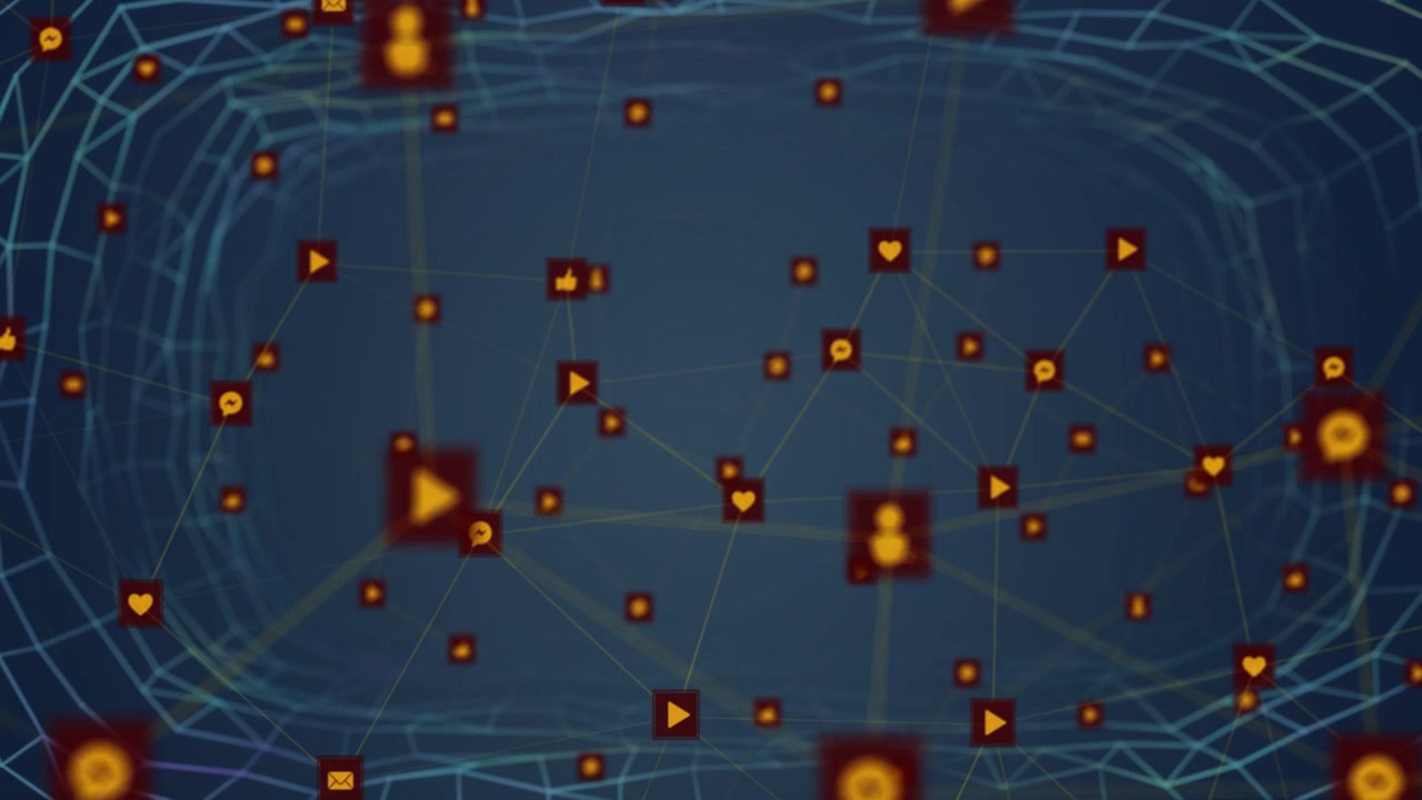 Floating network shifting in wireframe tunnel, camera panning and icons pulsing showing tech flow