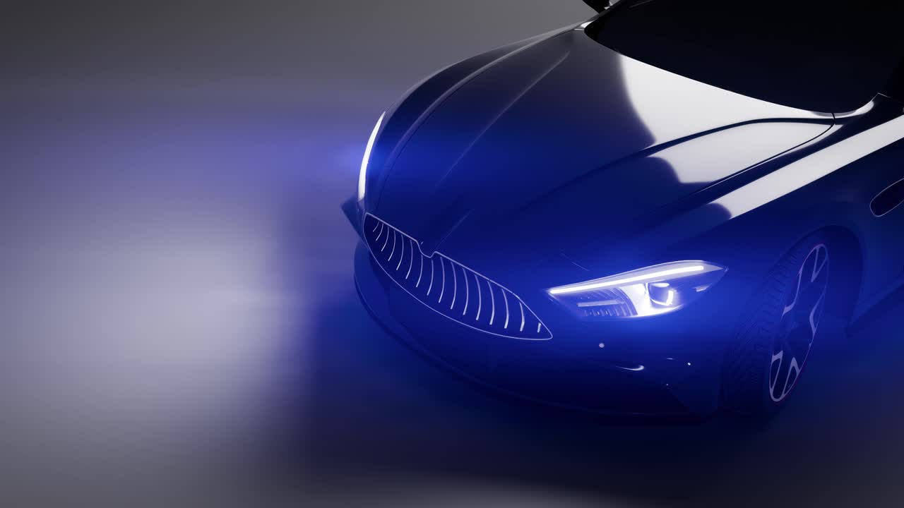 Vista Frontale di un'Auto di Lusso Nera con Fari Blu Luminosi