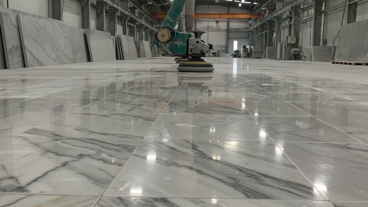 Showcasing the Process of Polishing Marble Floors in a Spacious Workshop Setting with Advanced Machinery Over Multiple Frames
