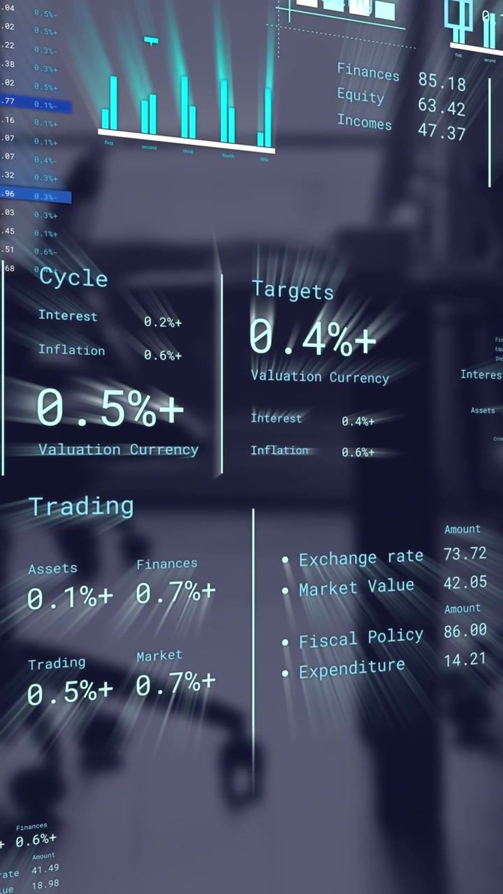 Animation of financial data processing over business office