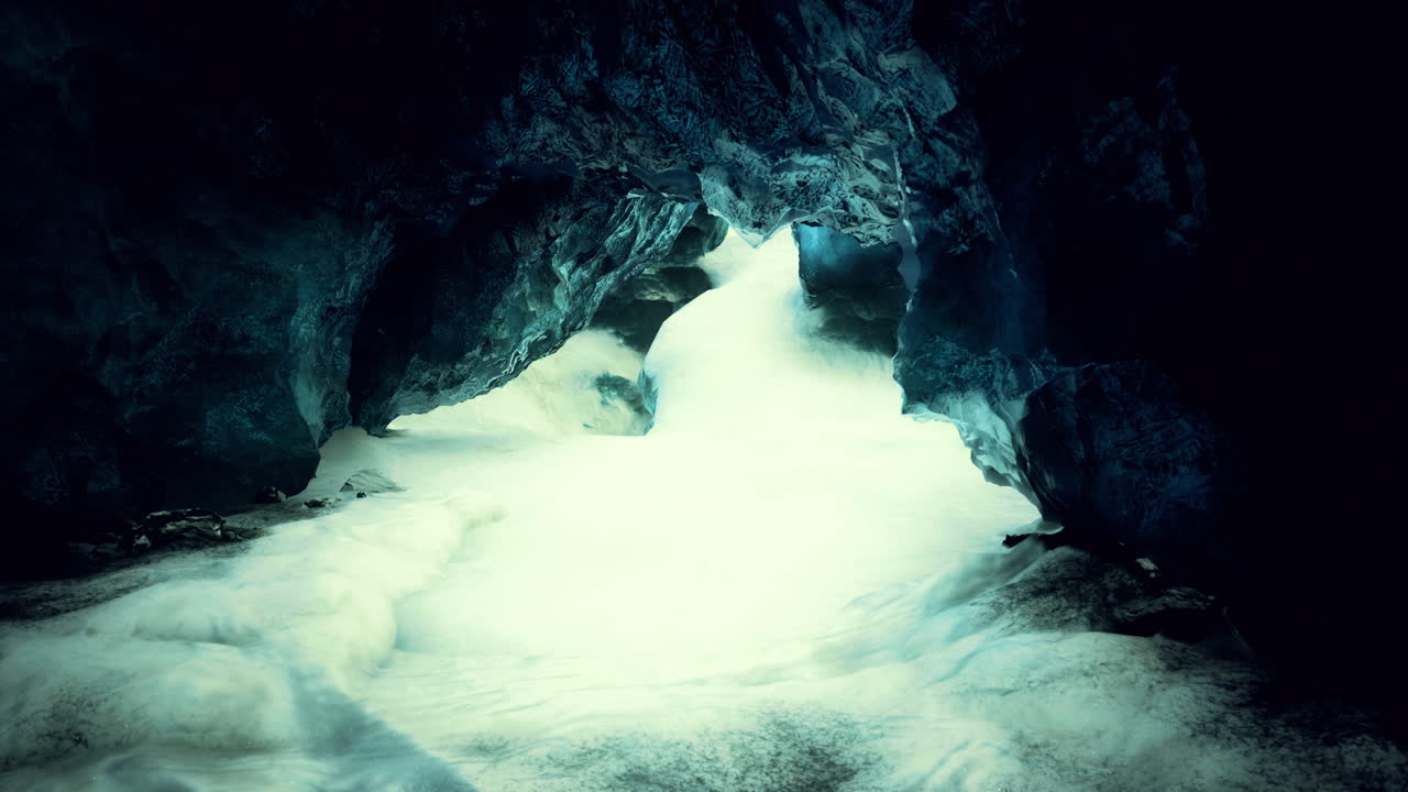 Majestic ice cave revealing mystical light during midwinter exploration