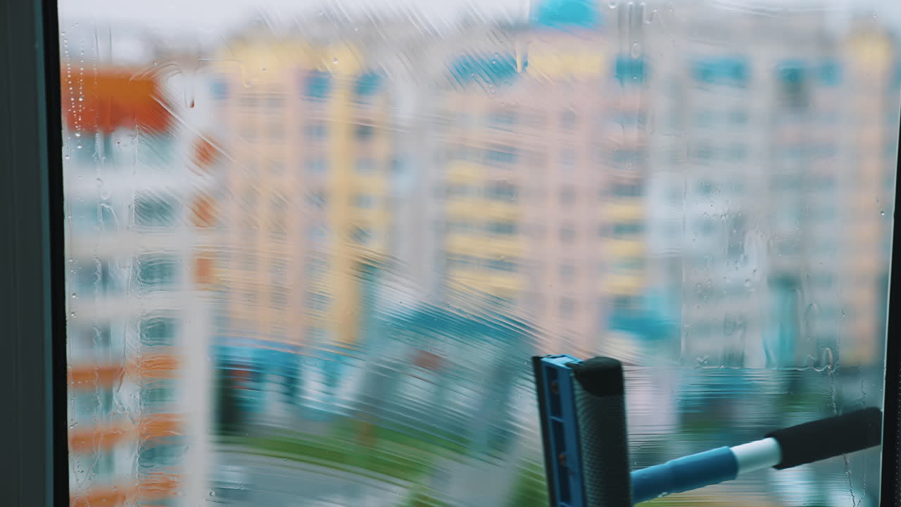 Washing a window in the city. Wet window is cleaning with special brush on blur background of multi-storey buildings.