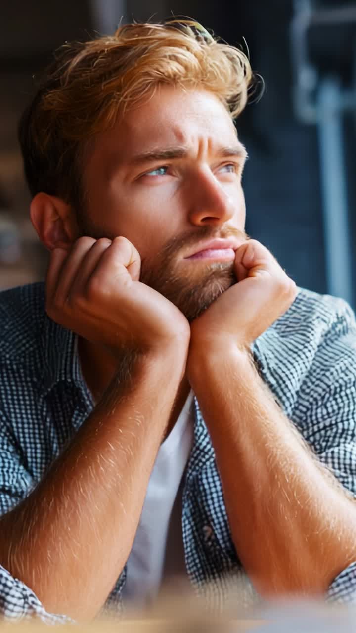Contemplative Young Man Lost in Thought, Reflective Mood Captured in Two Frames, Expressive Emotions Showcased in Intimate Close-Up Shot of Pensive Expression