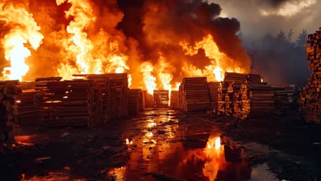 a large pile of wood is engulfed by flames in a forest