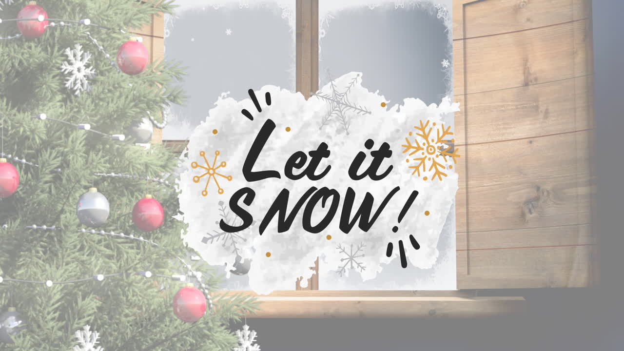 겨울에 눈이 내리는 창문 위에 눈이 내리는 크리스마스 텍스트 애니메이션