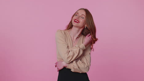 Cheerful-lovely-businesswoman-girl-fashion-model-in-beige-blouse-smiling-and-looking-at-camera