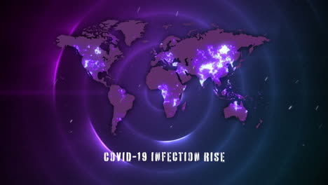 animation of the words covid-19 infection rise written over world map,coronavirus covid 19 spreading