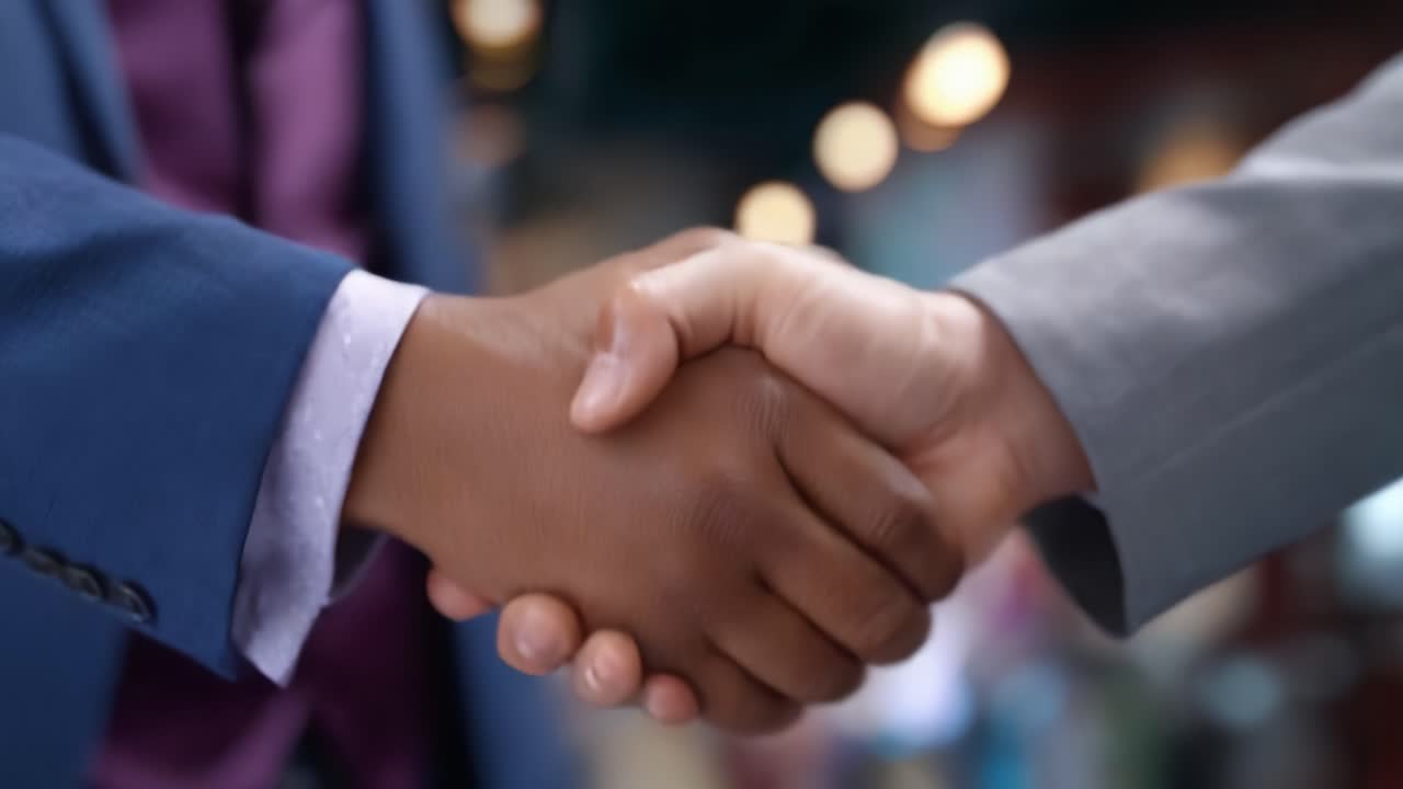Two individuals engage in a firm handshake, symbolizing agreement, partnership, or collaboration in a professional and friendly environment