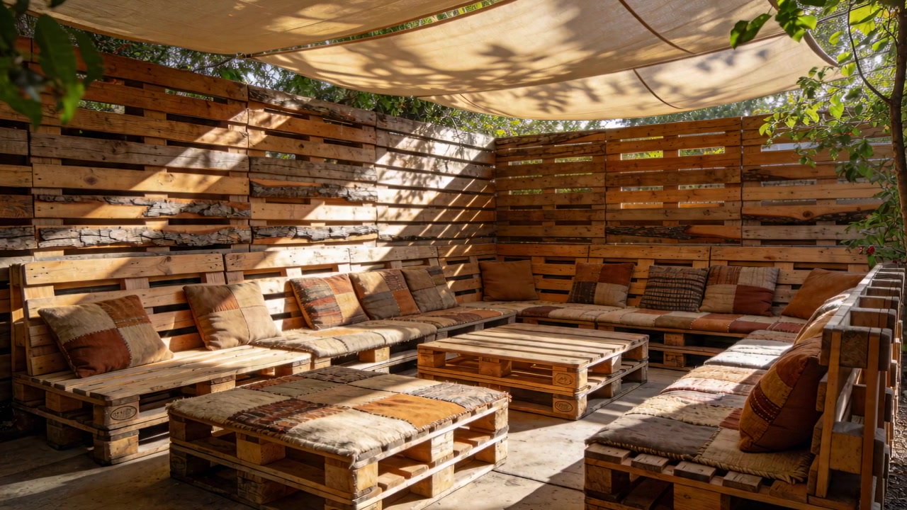 La luce del sole si sposta e scivola sui sedili a pallet a forma di L nel patio del giardino, mentre la brezza agita le foglie.