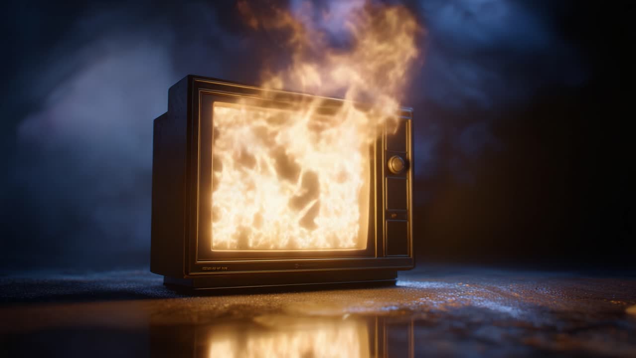 Un televisore retrò avvolto dalle fiamme, che emette fuoco arancione brillante e fumo in un'atmosfera scura, creando una scena visiva intensa e drammatica.