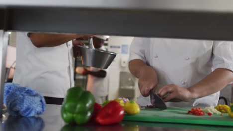 Midsection-of-diverse-group-of-chefs-preparing-food-in-restaurant-kitchen