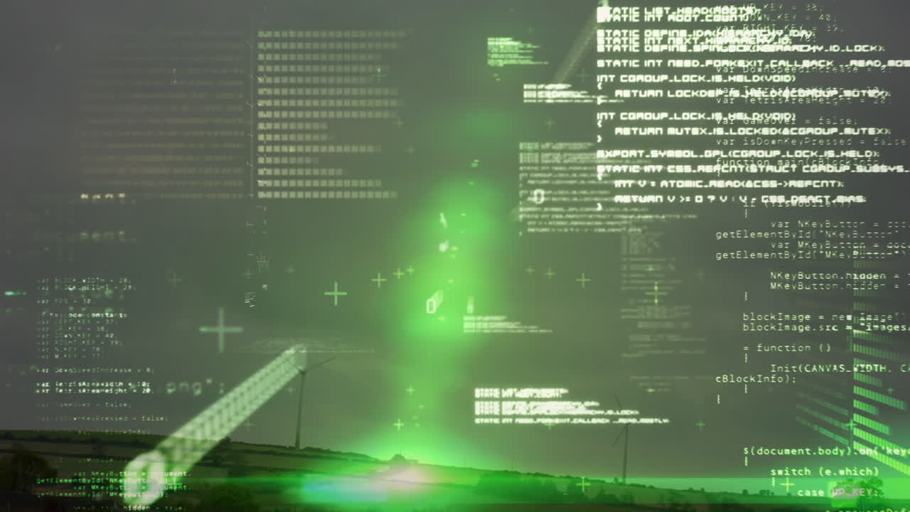 Animation of data processing over wind turbines and sky