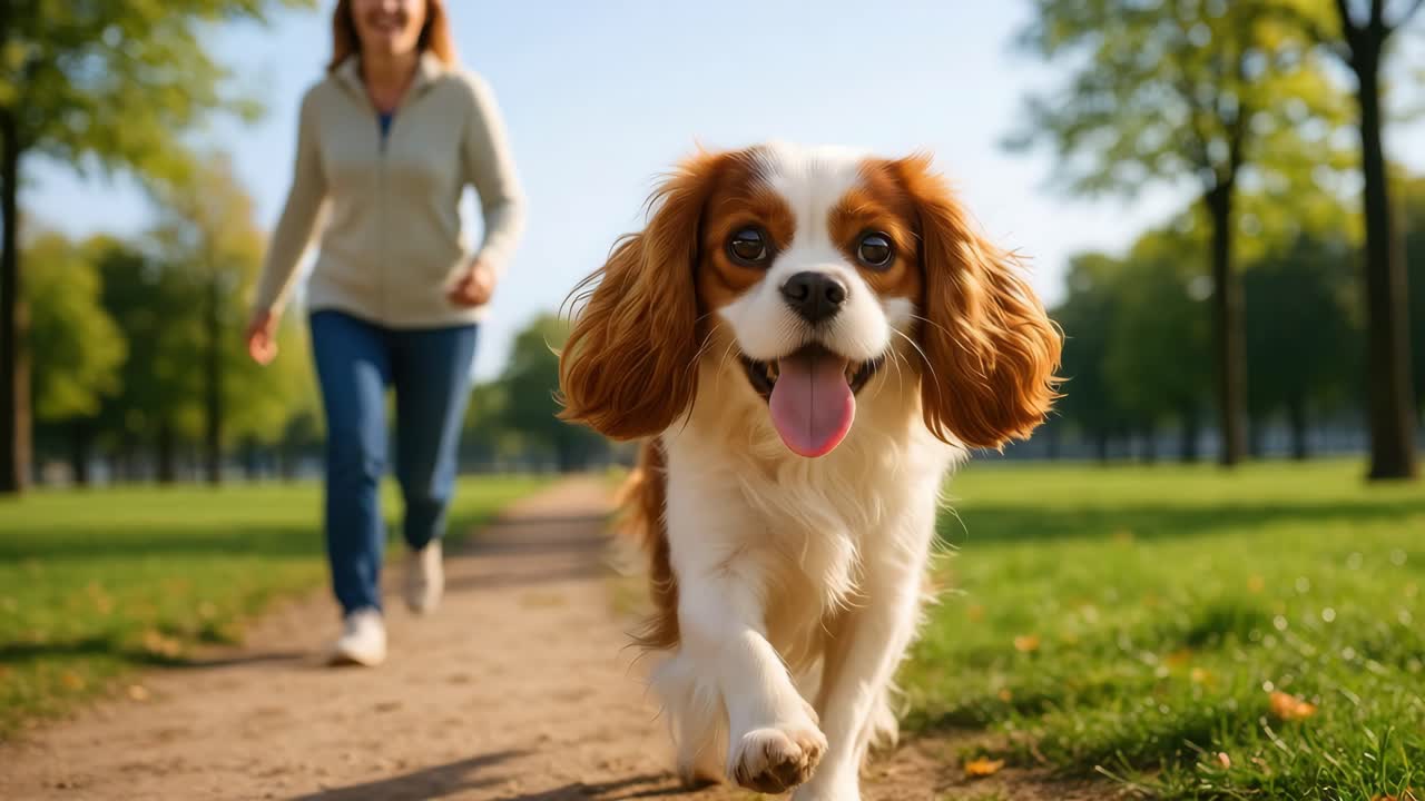 A joyful dog runs towards the camera in a park, with a woman following
