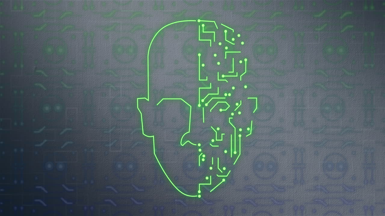 animación de la cabeza humana, conexiones y procesamiento de datos a través de una placa de circuitos.