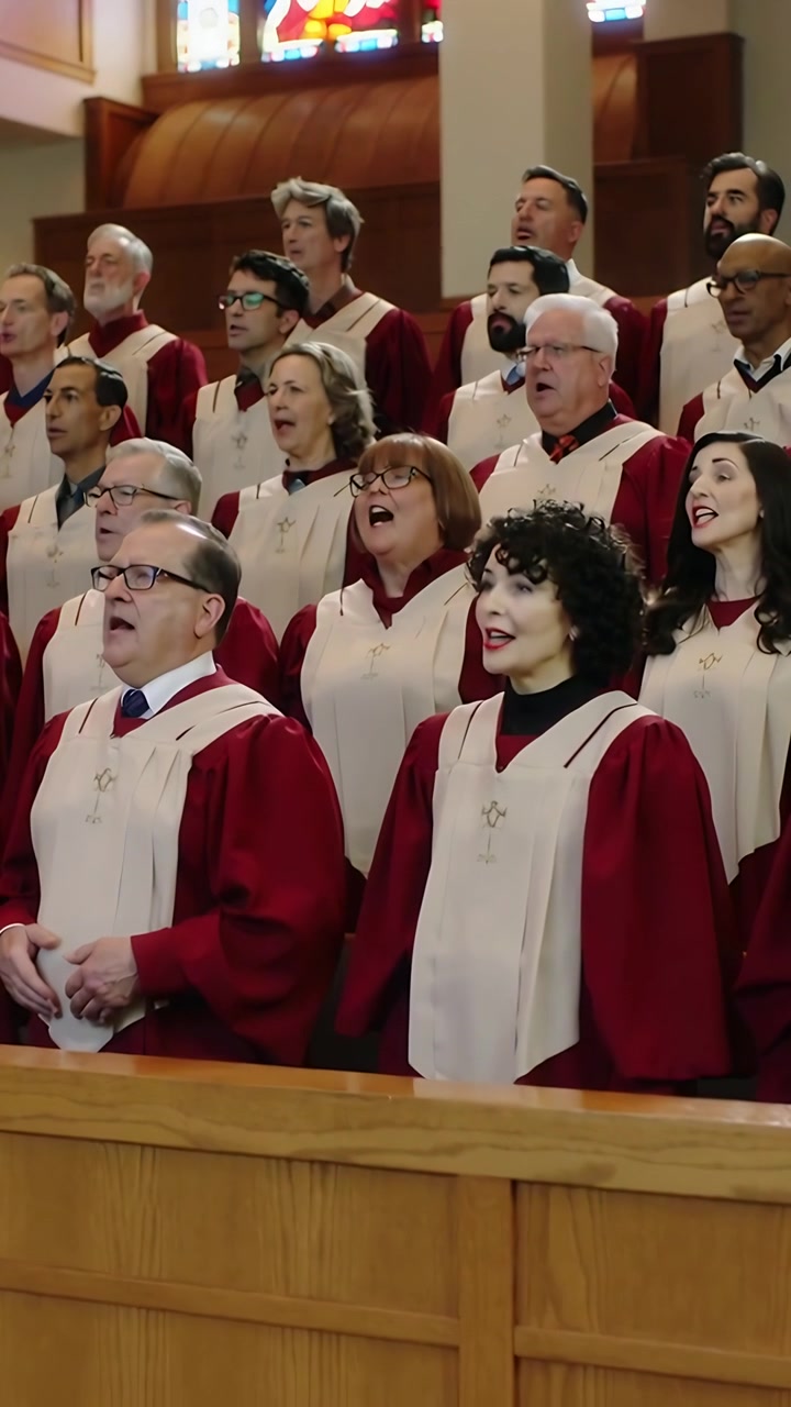Video verticale: Coro in tuniche bordeaux che canta in chiesa per il culto, su indicazione del direttore