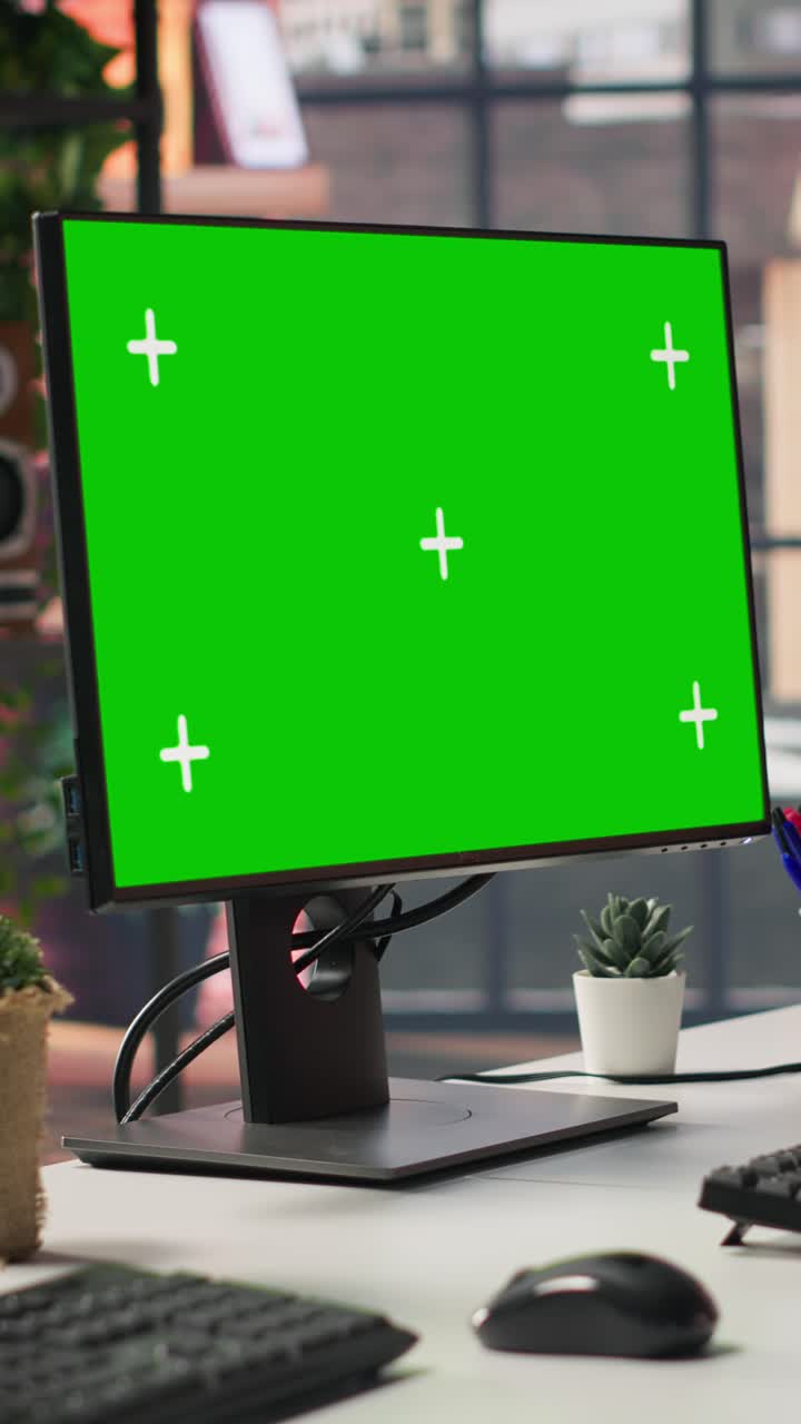 Vertical video Chroma key computer displays in empty office