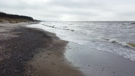 aerial low altitude flyover view of sea waves crashing into the beach in overcast spring day, baltic sea, nida beach, latvia, wide angle drone shot moving forward