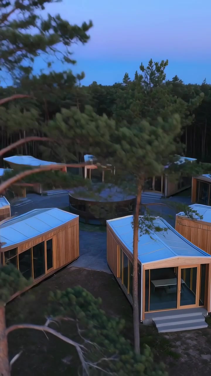 Video verticale: Drone che decolla e fa una panoramica sulle cabine attorno a una piattaforma circolare per mostrare la disposizione nella foresta.