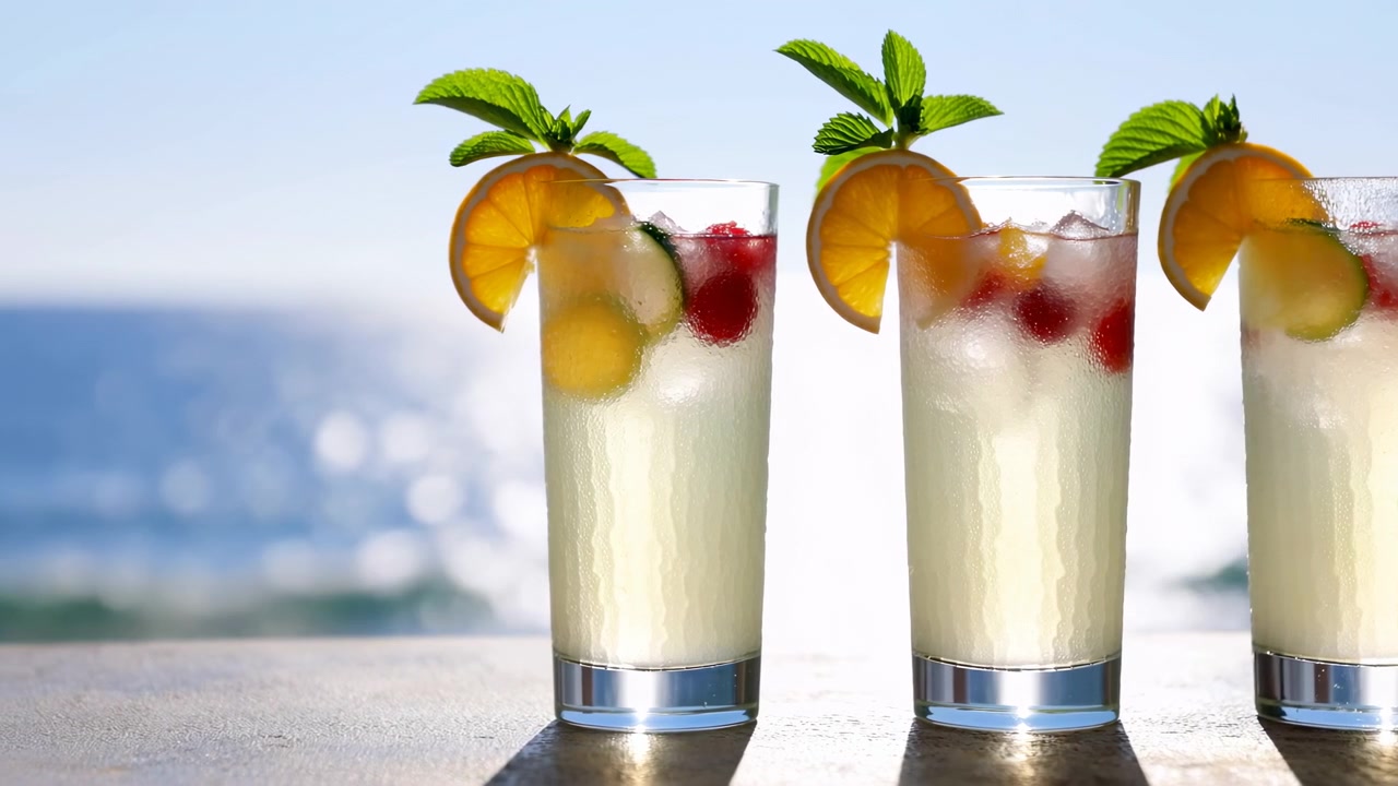 Chilled citrus drinks in clear tumblers stay aligned on a sunlit table as framing shifts laterally, highlighting ice, orange slices, mint leaves, red fruit, condensation, and soft ocean bokeh.