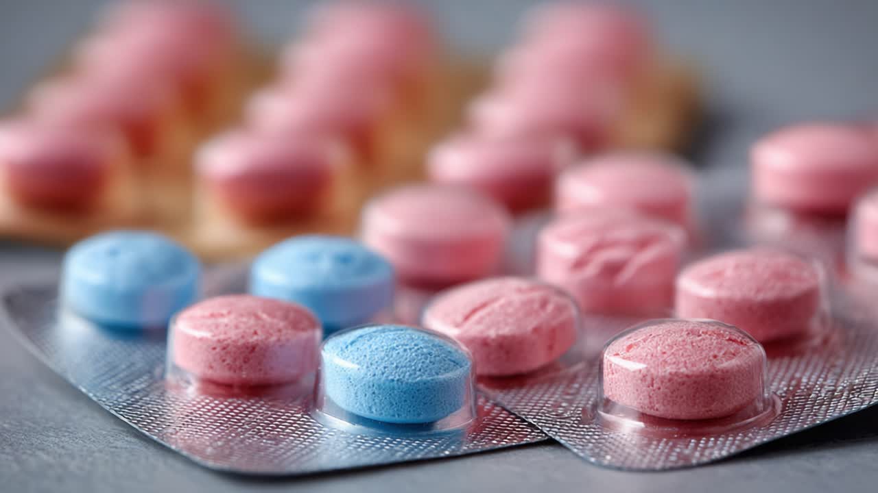 Close-up View of Colorful Medicinal Tablets: A Study in Colors and Textures Featuring Pink and Blue Pills in Blister Packs