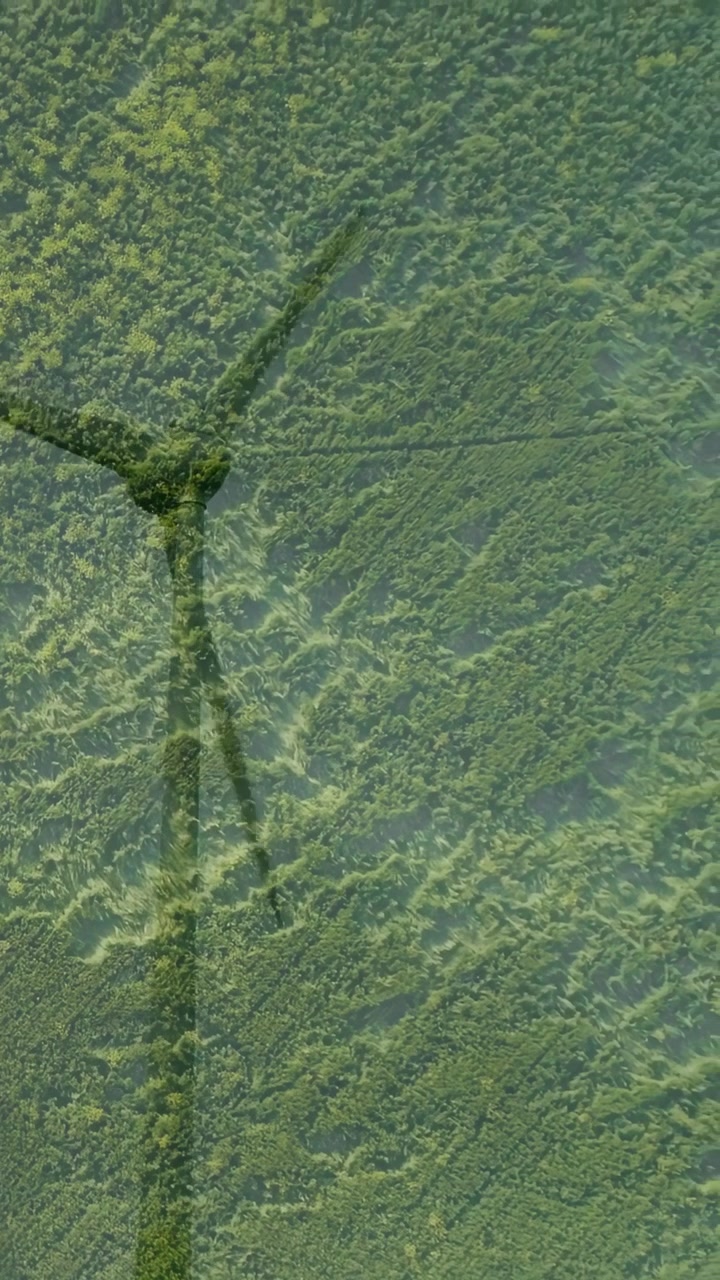 Video verticale: Vento che aziona una turbina con pale che girano e proiettano ombre, mentre un drone effettua una panoramica, producendo energia.