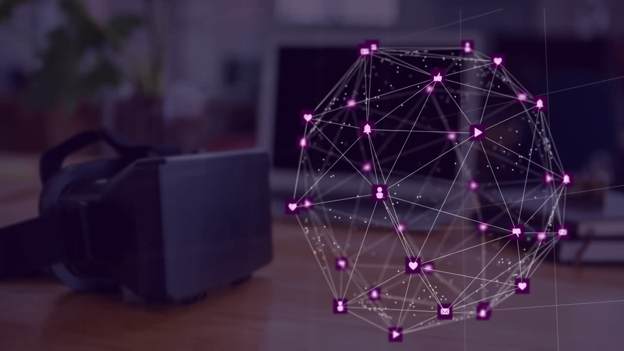 globo de red de conexiones contra auriculares vr en una mesa de madera