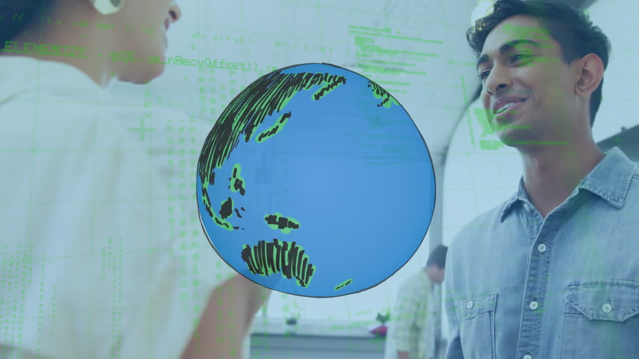 animación del procesamiento de datos y el globo sobre el hombre y la mujer hablando