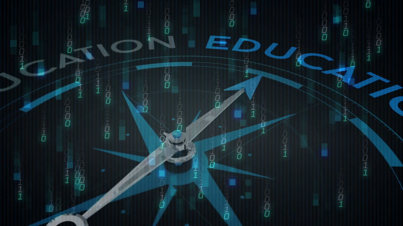 검은색 바탕에 텍스트를 가진 나침반을 통해 데이터 처리의 애니메이션