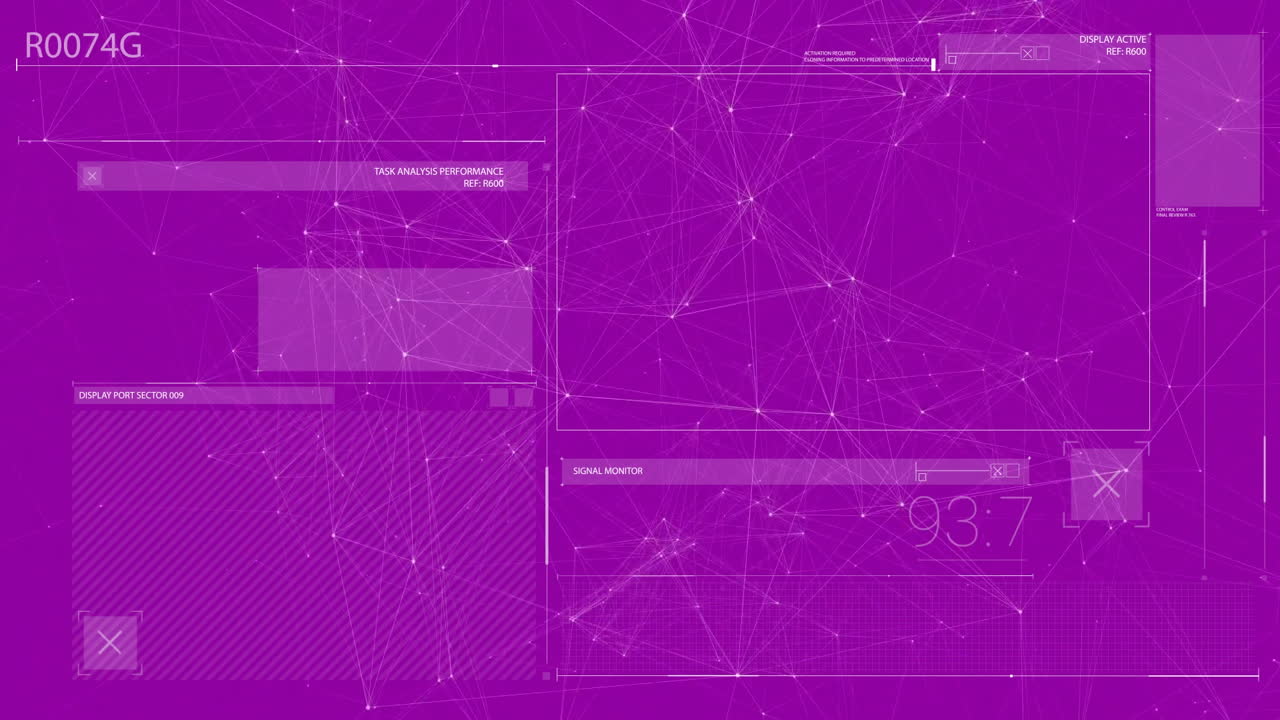 Animation of digital data processing and network of connections on purple background
