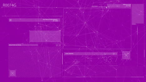 animación del procesamiento de datos digitales y la red de conexiones en fondo púrpura