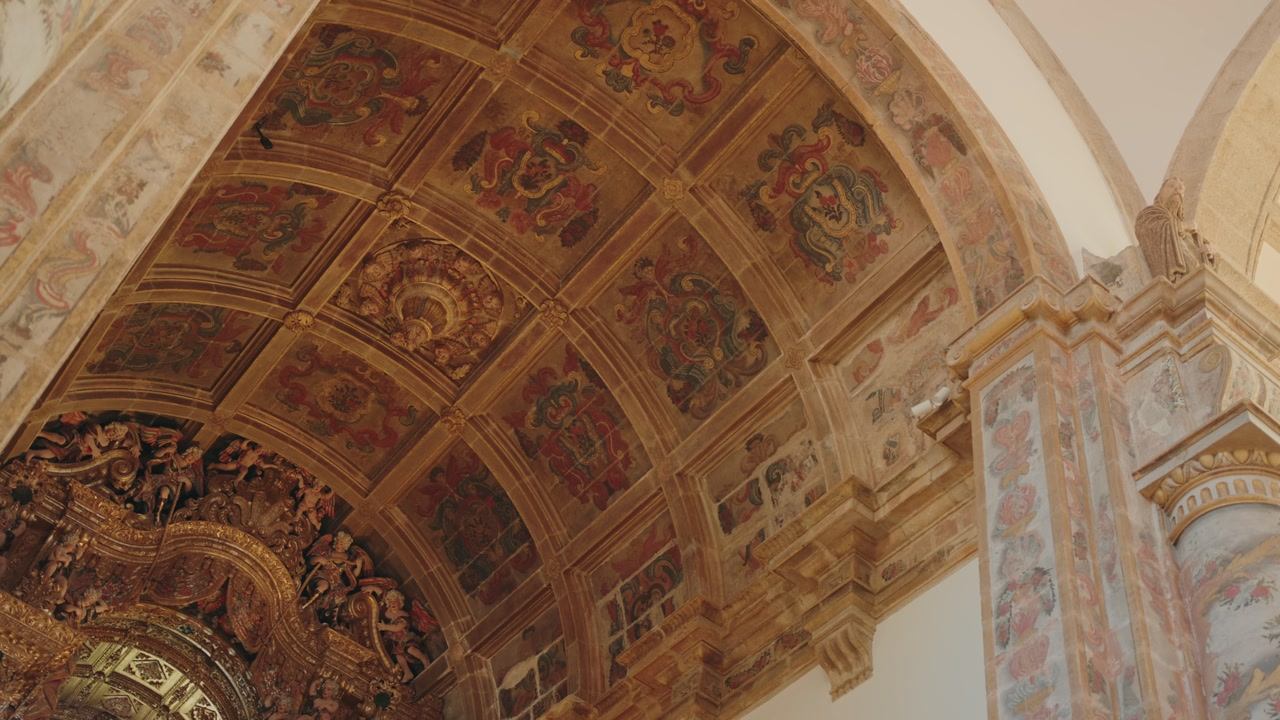 ornate painted wooden coffered ceiling and skylight in são gonçalo church sacristy