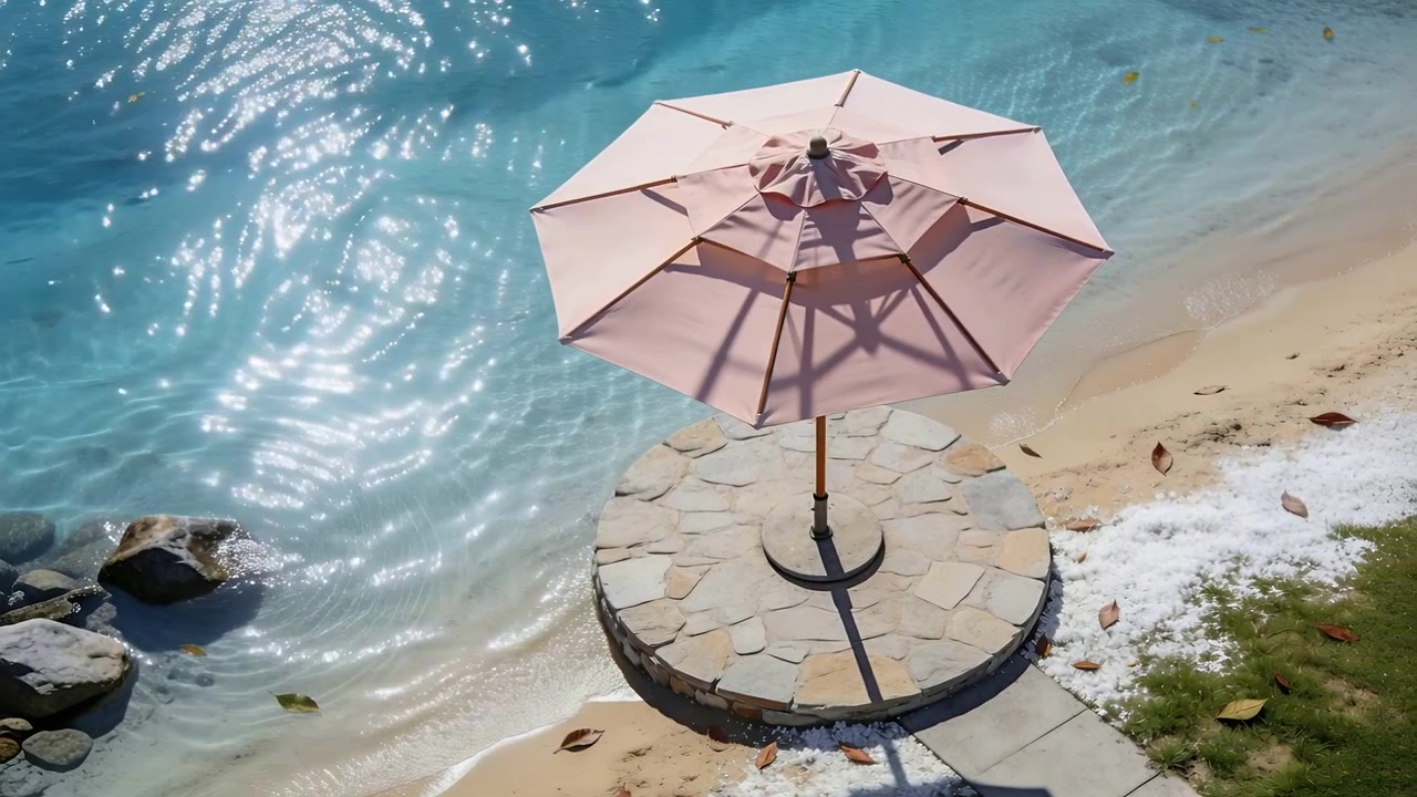 Telecamera che panoramica rivelando un ombrellone rosa centrato su una piattaforma circolare di pietra sulla riva per mostrare l'acqua blu.