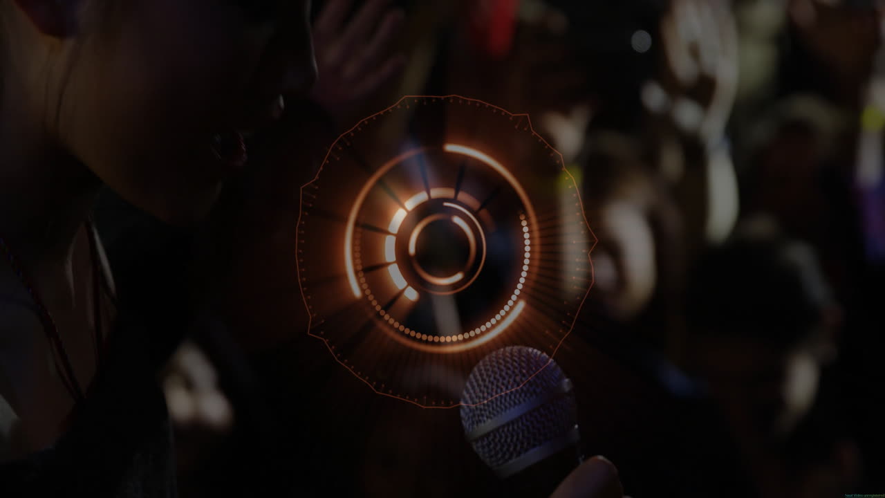 Female singer singing in karaoke bar, projecting orange circular graphic overlay