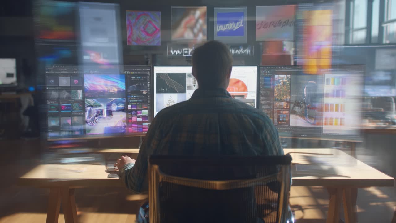 A Creative Professional Engaged in Digital Design and Editing, Surrounded by Multiple Monitors Displaying Vibrant Visuals, Showcasing a Dynamic Workspace Environment of Innovation and Technology