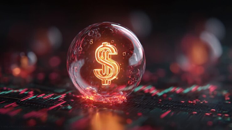 Un'immagine accattivante di un simbolo del dollaro luminoso racchiuso in una bolla di cristallo, circondato da una scintillante esposizione di tendenze di dati finanziari rossi e verdi.