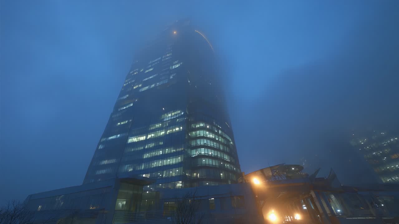 Stunning Views of a Tall Skyscraper Shrouded in Fog, Illuminated by City Lights Creating a Mysterious Atmosphere in the Heart of the Urban Landscape