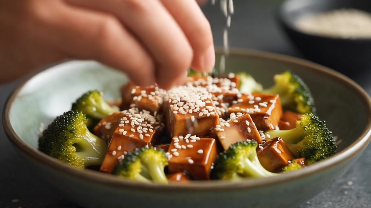 Strør sesamfrø over en bolle med tofu og brokkoli