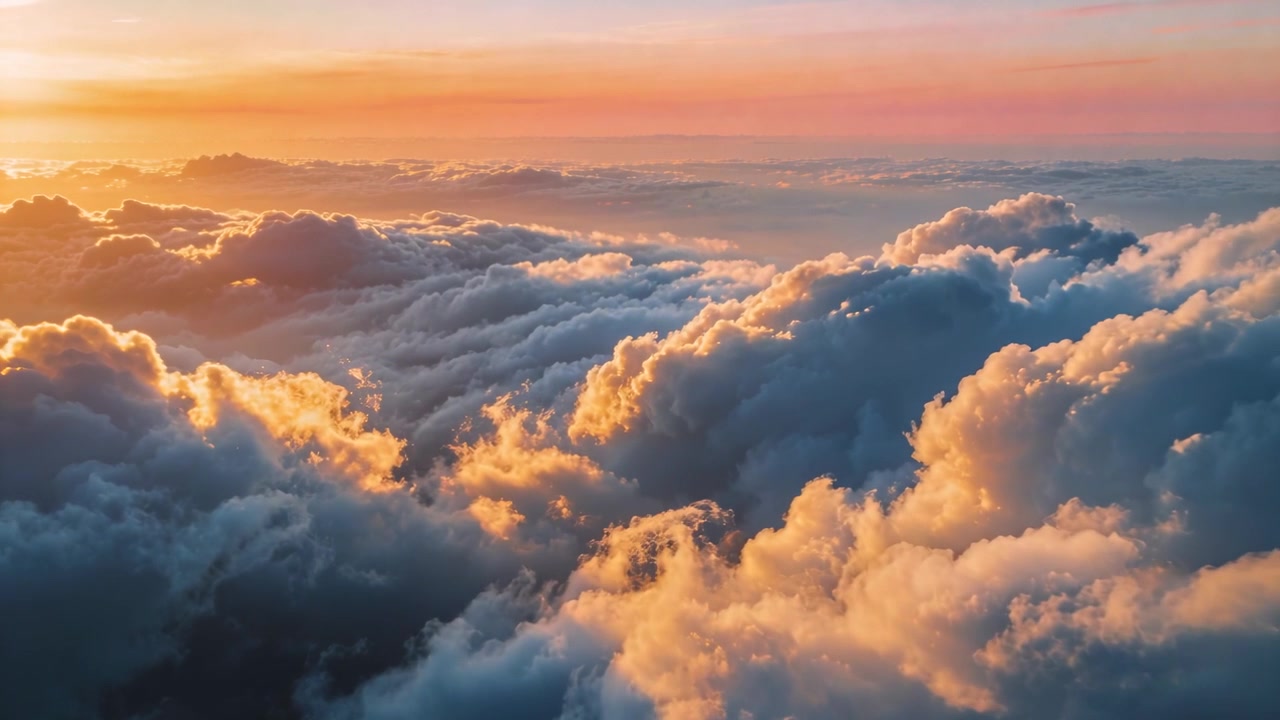 Telecamera drone che avanza rivelando dense cime di nuvole sopra l'orizzonte all'alba per catturare la luce arancione-rosa.