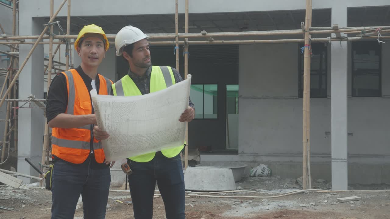 grupo de contratista y arquitecto con capataz explicando sobre el sitio de construcción del esquema para la planificación del proyecto al trabajador y mirando el plano, el sitio de la construcción, el desarrollo y la estructura.