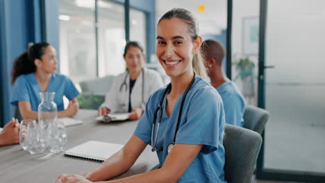 woman, face or nurse in hospital meeting