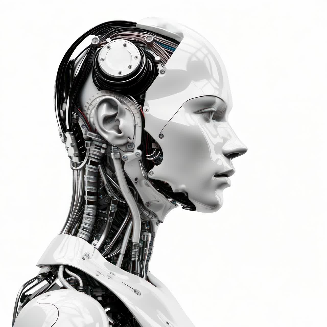 Futuristic humanoid robot in profile view, showcasing intricate mechanical details