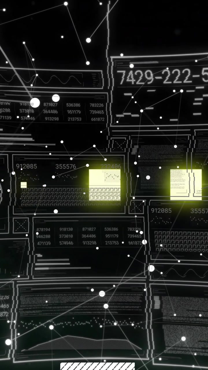 Animation of futuristic digital interface with data graphs over dark background