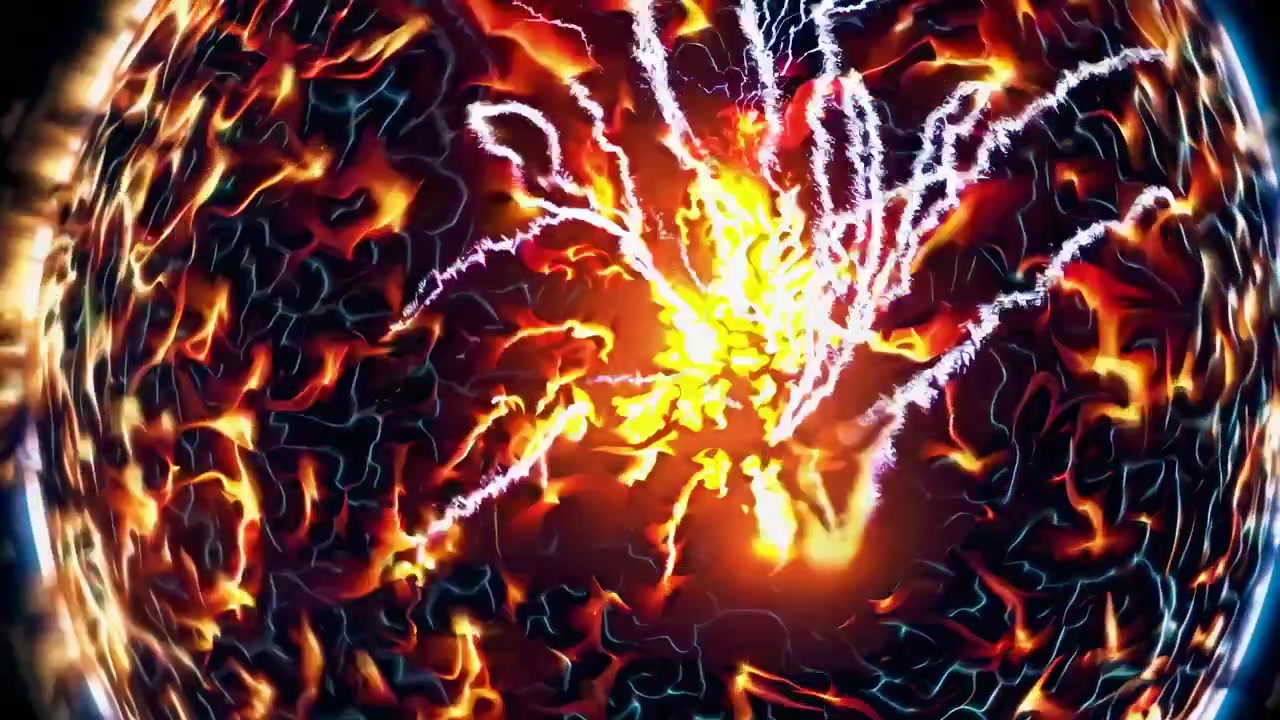 Animazione astratta di sfere di energia luminose e archi elettrici
