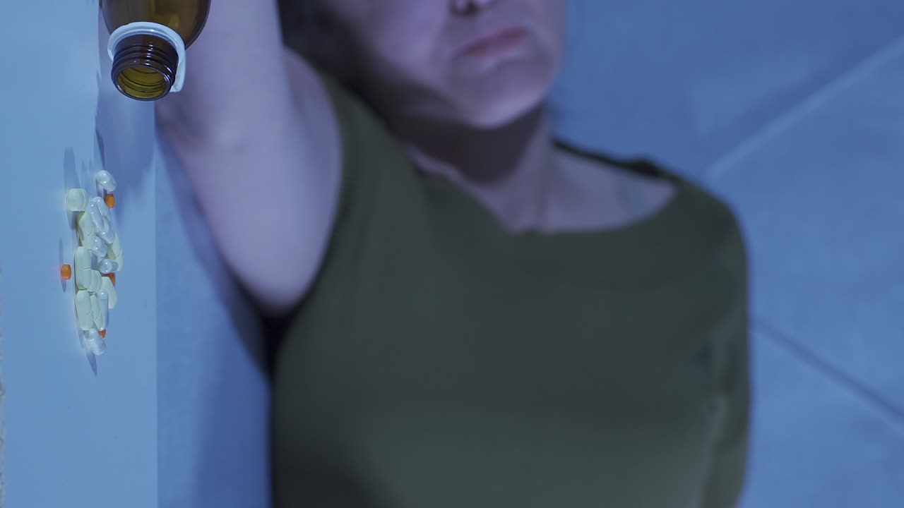 vídeo vertical de la mujer que mira las pastillas en su mano y va a suicidarse.