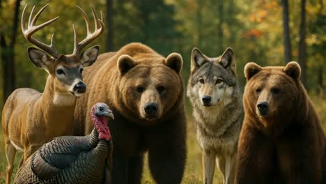 Front-facing video still of wildlife ensemble: deer, bears, wolf, and turkey in a forest