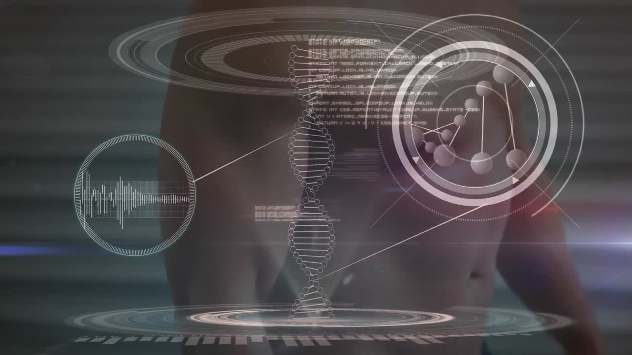 animación de la cadena de adn sobre un hombre musculoso haciendo ejercicio en el gimnasio