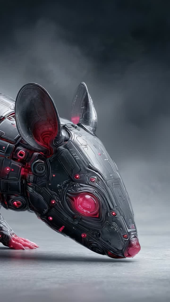 Design futuristico di un mouse cibernetico che mette in mostra robotica avanzata ed estetica neon in un ambiente surreale e high-tech