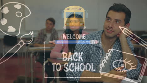 animation of school icons and welcome back to school over diverse students