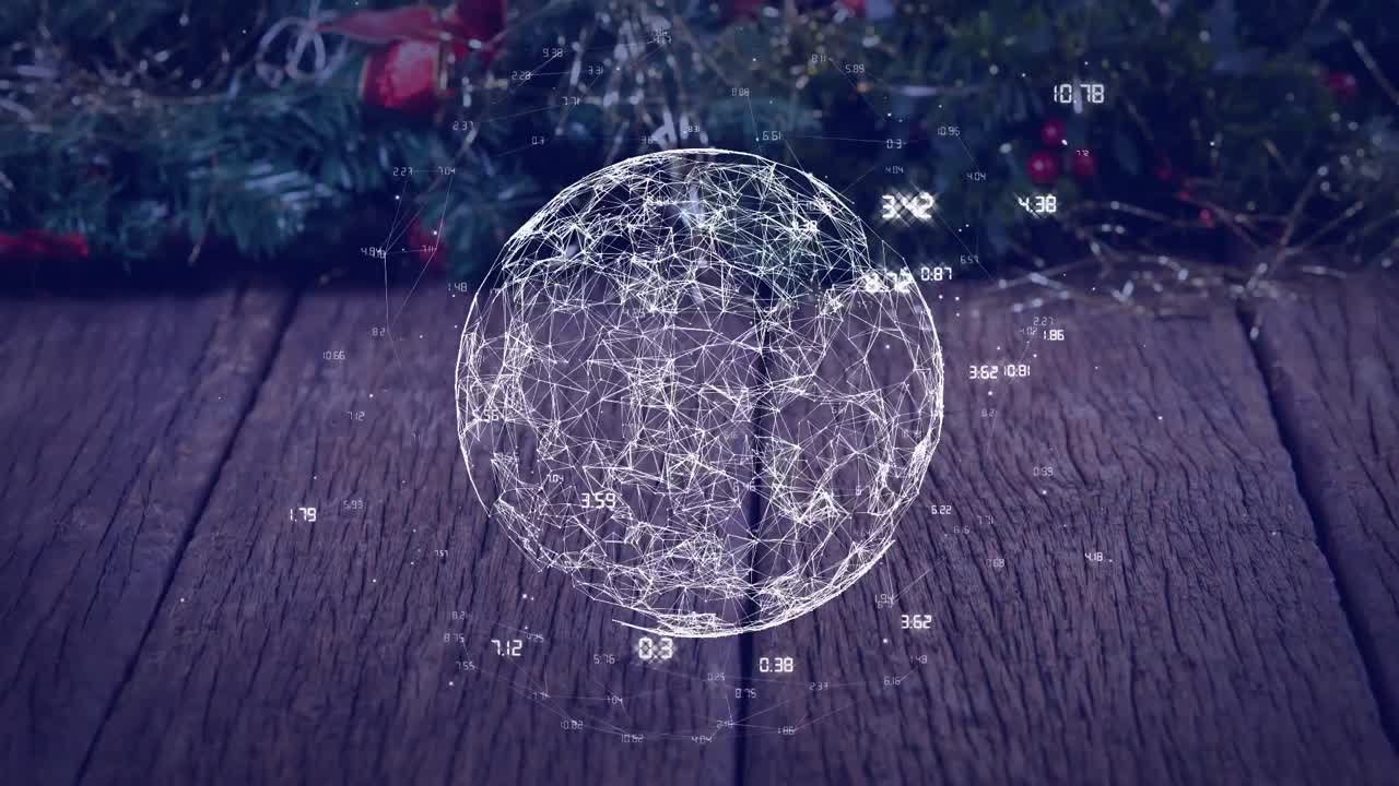 animación del globo y la red de conexiones sobre el árbol de navidad